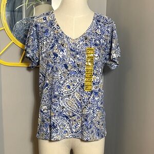 NEW Rafaella Medium Amparo Blue Paisley Short Sleeve Knit Top Shirt NWT